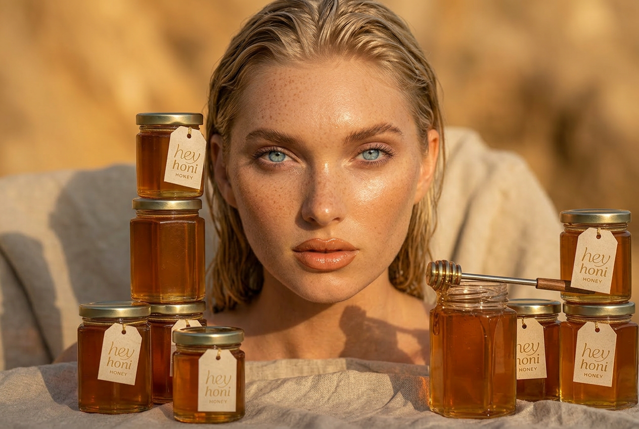 Hey Honi blonde model with honey jars