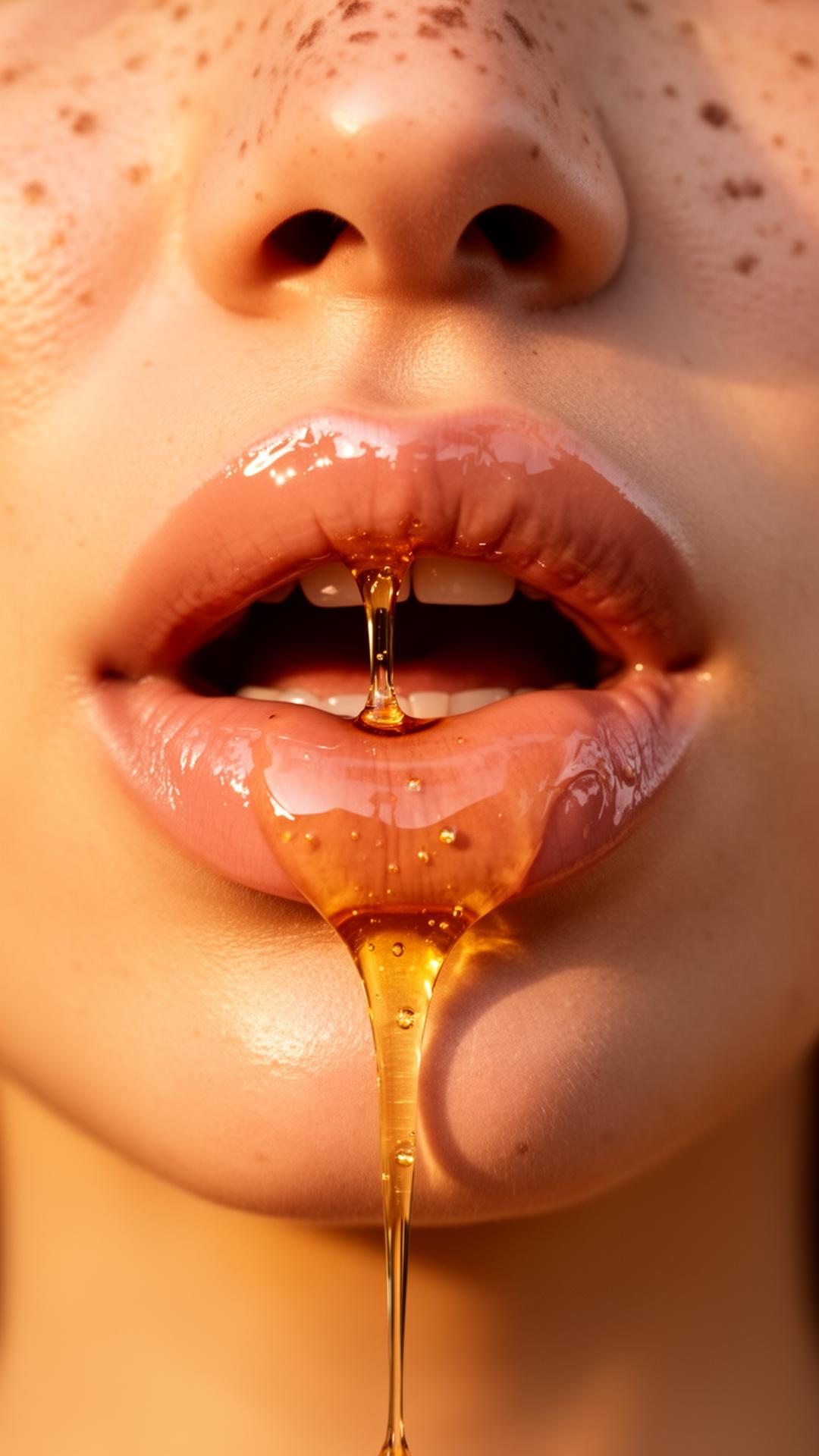 Honey dripping on lips