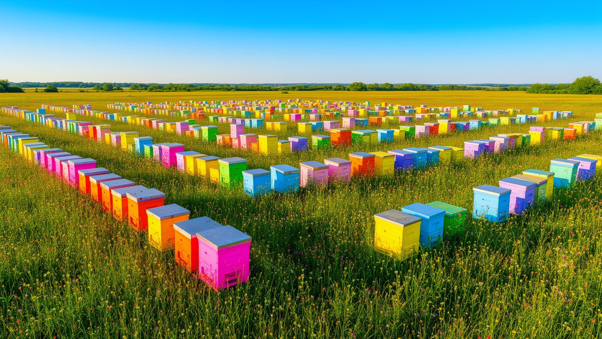 A field of pop-art colored beehives under a baby blue sky